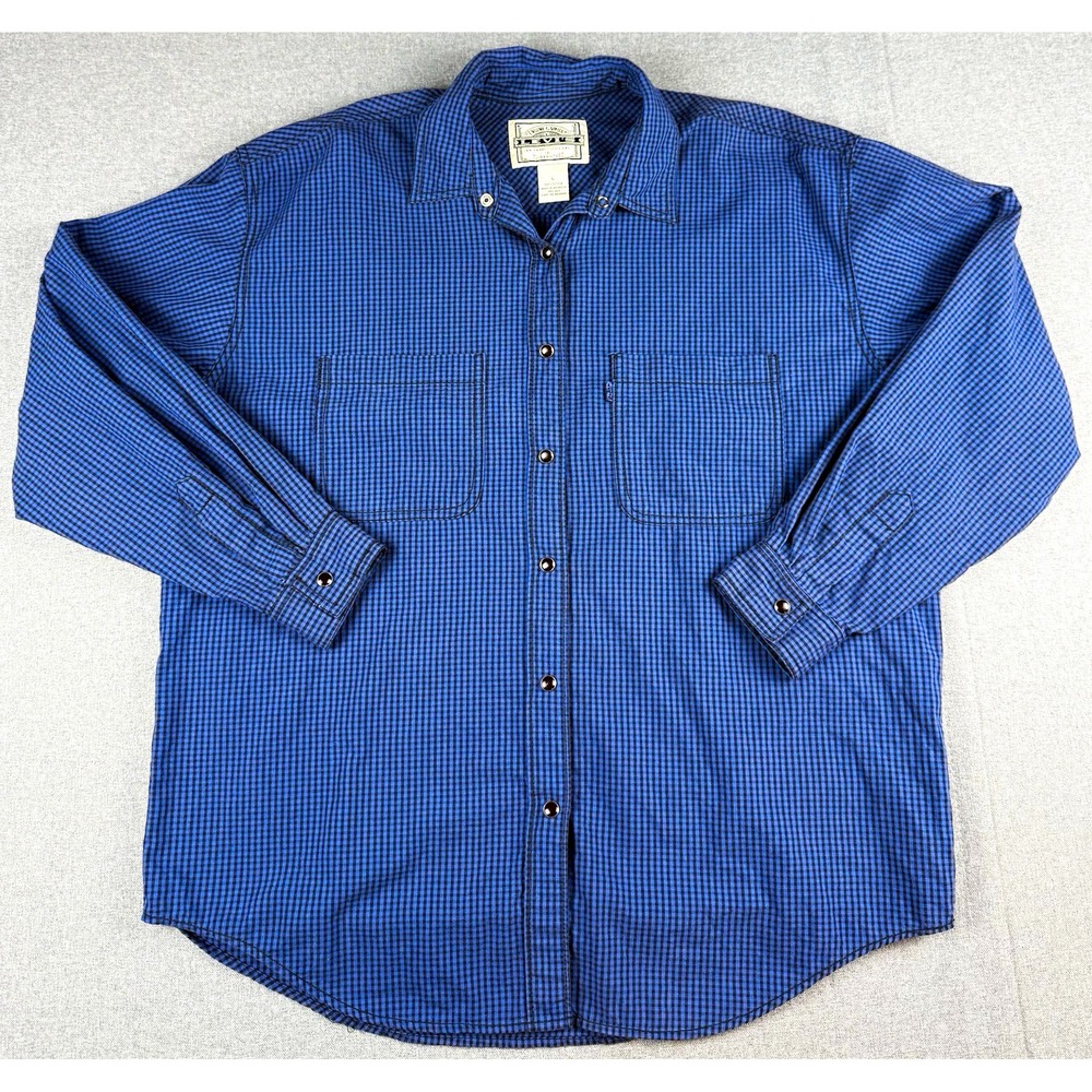 Levi's Mens L Blue Black Gingham Check Western Snap Shirt Long Sleeve Cotton